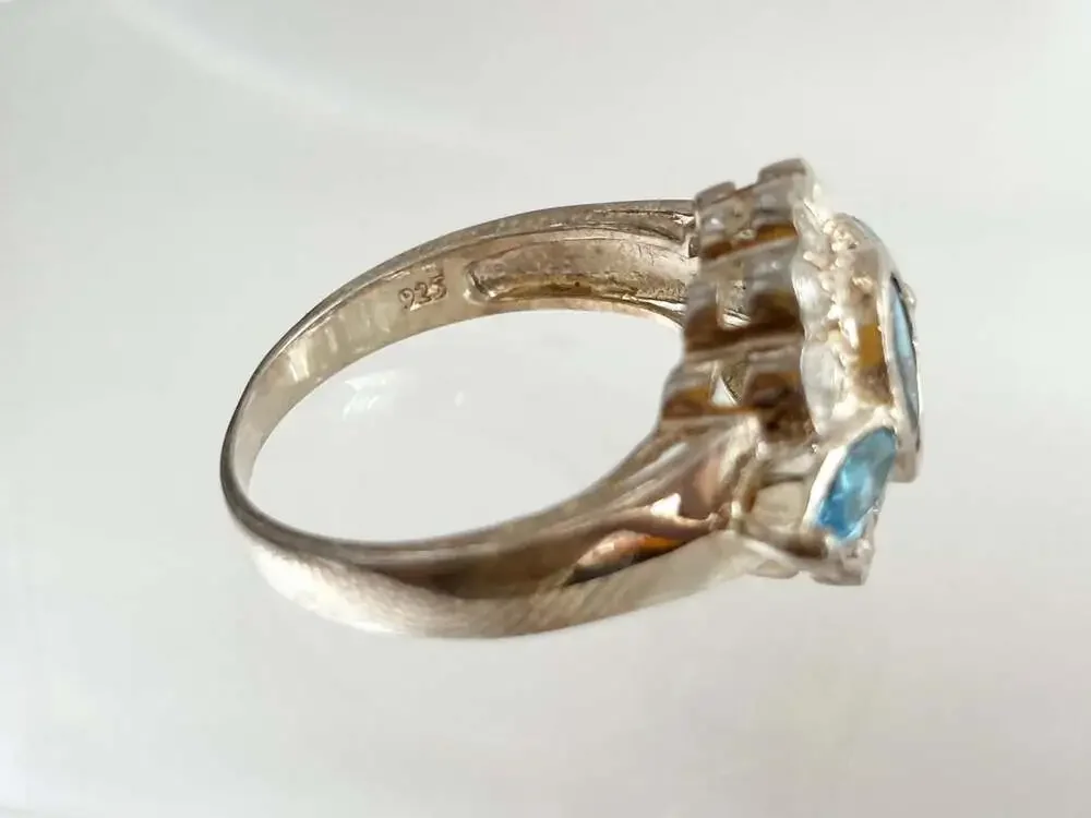 Clear & Blue Topaz Scalloped Multi Gemstone Sterling Silver 925 Vintage Ring - s